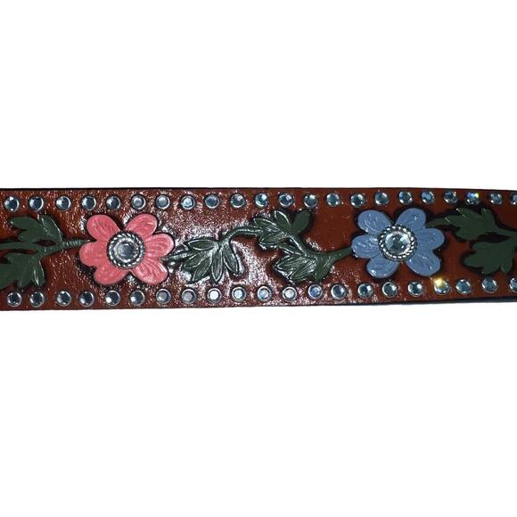 3-D Rhinestone Hand Tooled Hand Painted Leather Belt Bling Buckle Retro 38 main image 14